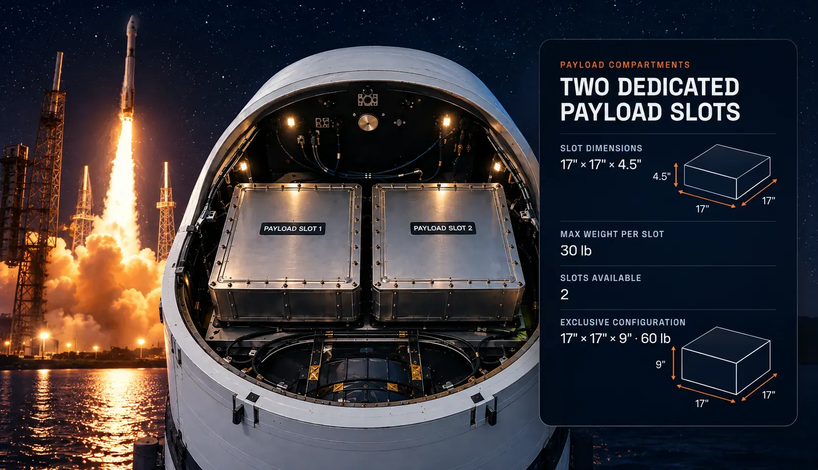 Reference view of the two dedicated payload compartments aboard the orbital spacecraft